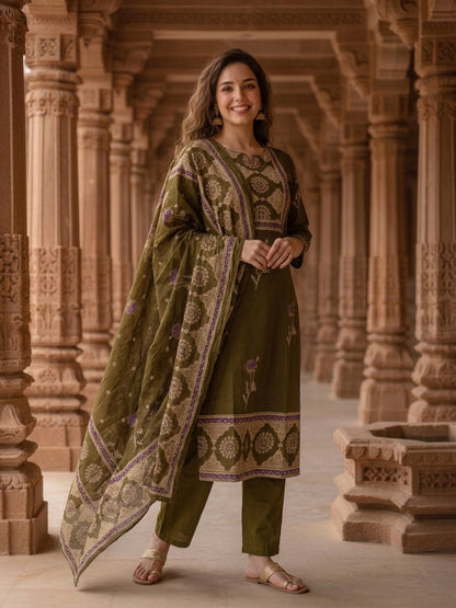 Ethnic Floral Printed Embroidered Straight Kurta with Pant & Dupatta - Olive Green