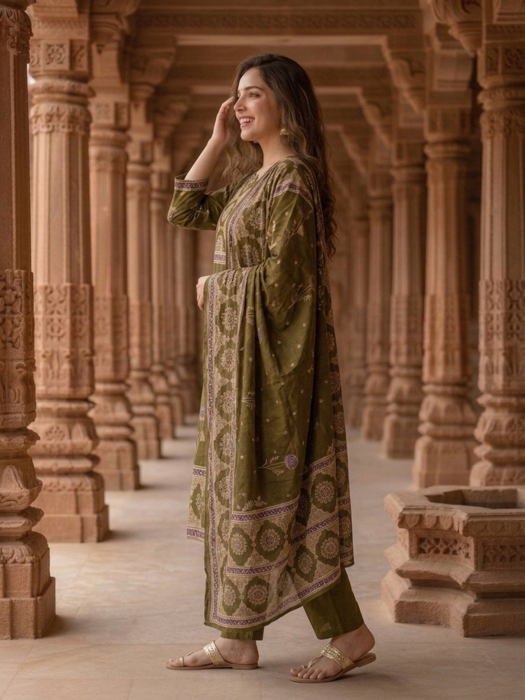 Ethnic Floral Printed Embroidered Straight Kurta with Pant & Dupatta - Olive Green