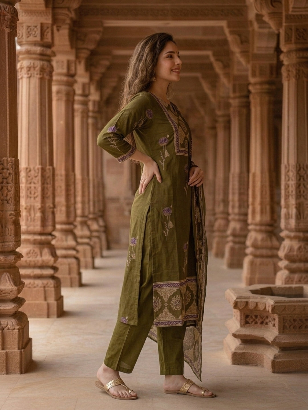 Ethnic Floral Printed Embroidered Straight Kurta with Pant & Dupatta - Olive Green