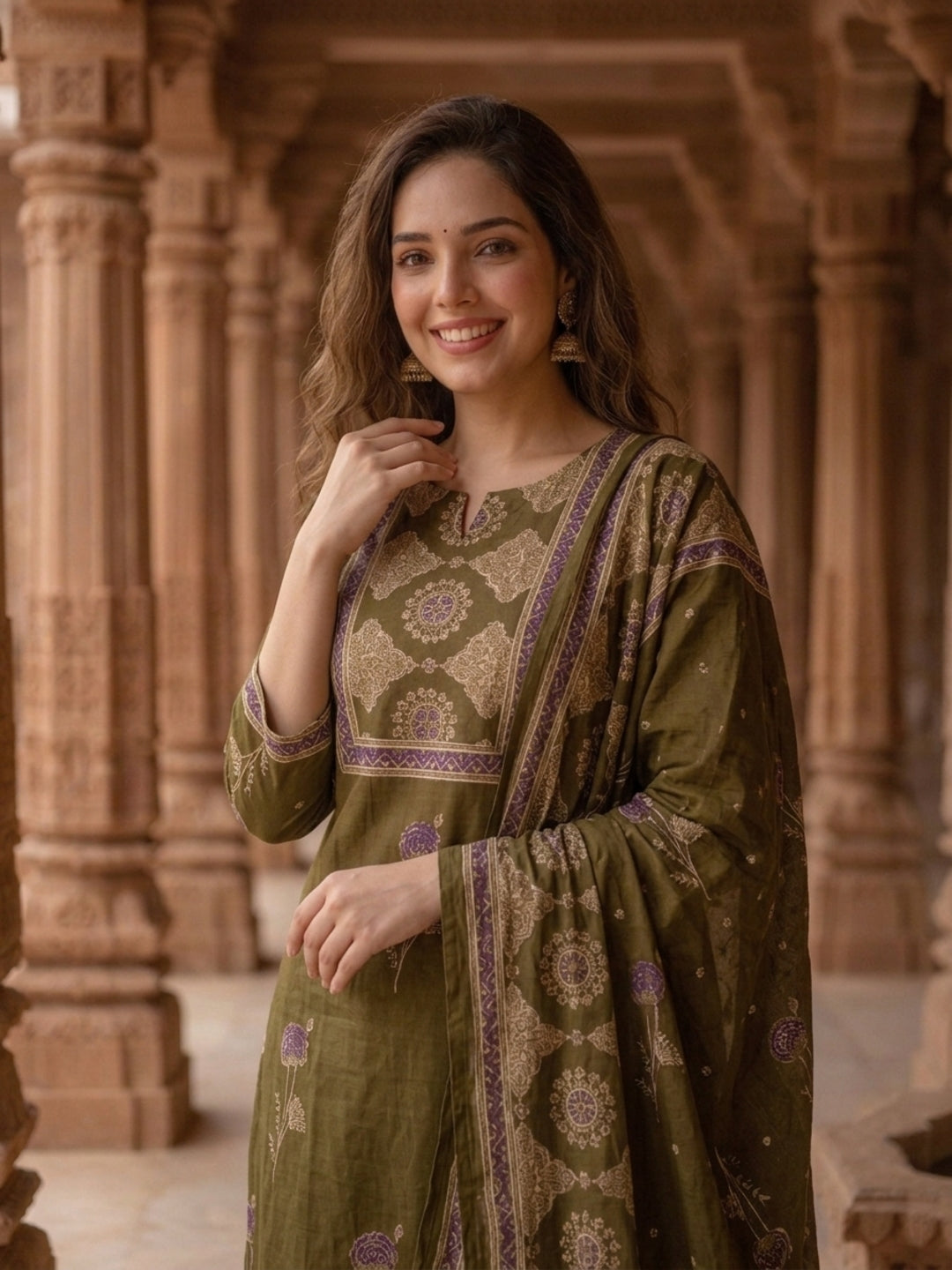 Ethnic Floral Printed Embroidered Straight Kurta with Pant & Dupatta - Olive Green