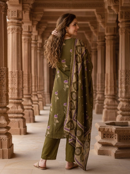 Ethnic Floral Printed Embroidered Straight Kurta with Pant & Dupatta - Olive Green