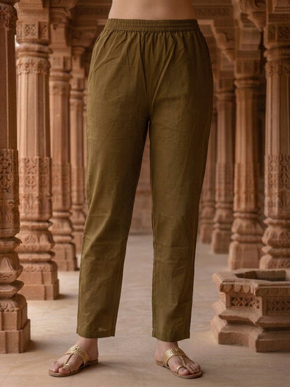 Ethnic Floral Printed Embroidered Straight Kurta with Pant & Dupatta - Olive Green