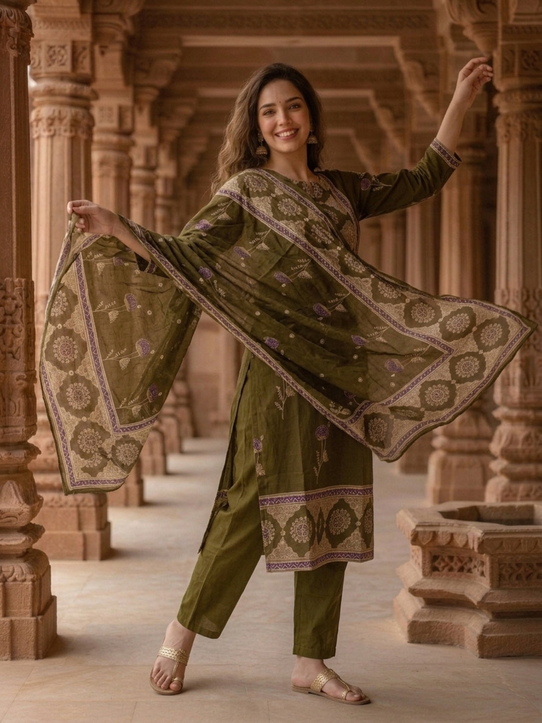 Ethnic Floral Printed Embroidered Straight Kurta with Pant & Dupatta - Olive Green