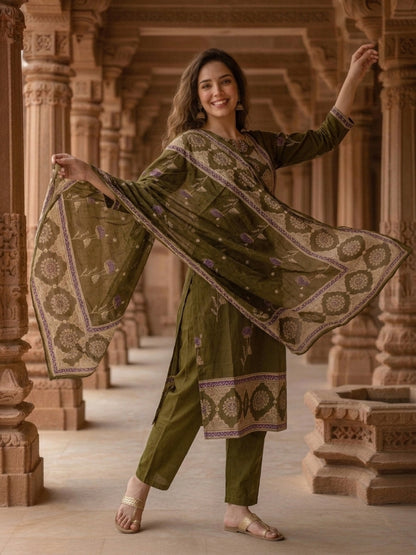 Ethnic Floral Printed Embroidered Straight Kurta with Pant & Dupatta - Olive Green