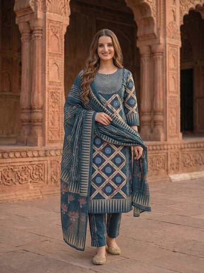Floral Printed Sequin Work Kurta with Pant & Printed Dupatta - Indigo Blue