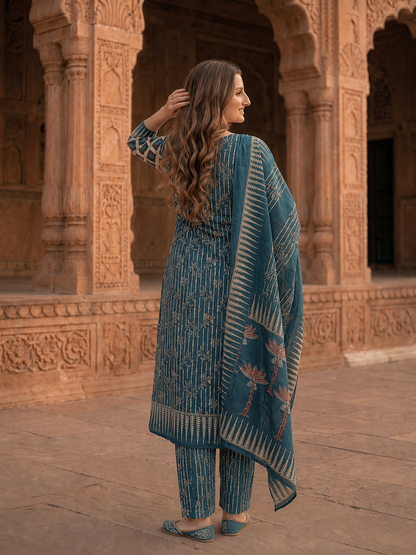 Floral Printed Sequin Work Kurta with Pant & Printed Dupatta - Indigo Blue