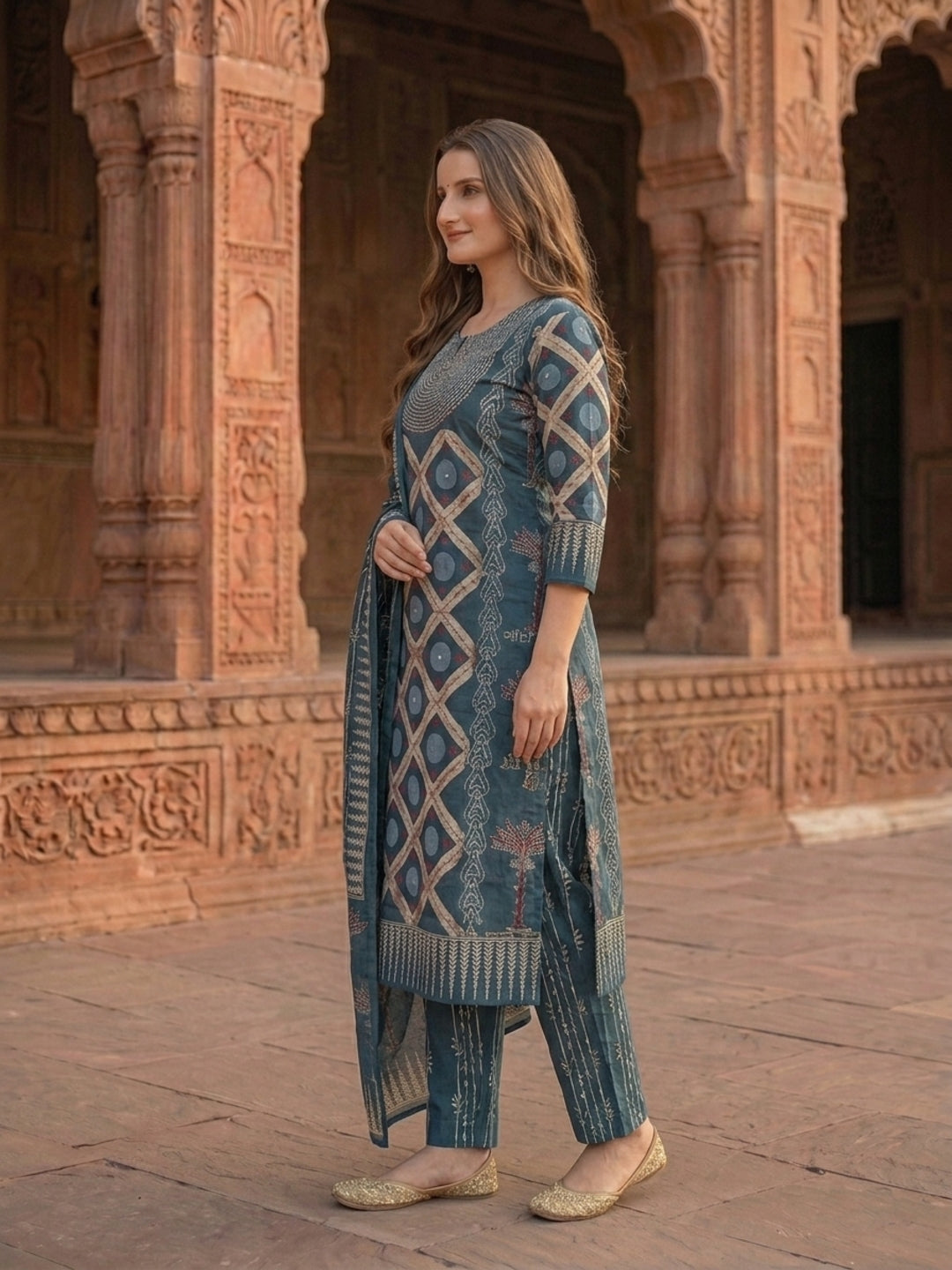 Floral Printed Sequin Work Kurta with Pant & Printed Dupatta - Indigo Blue