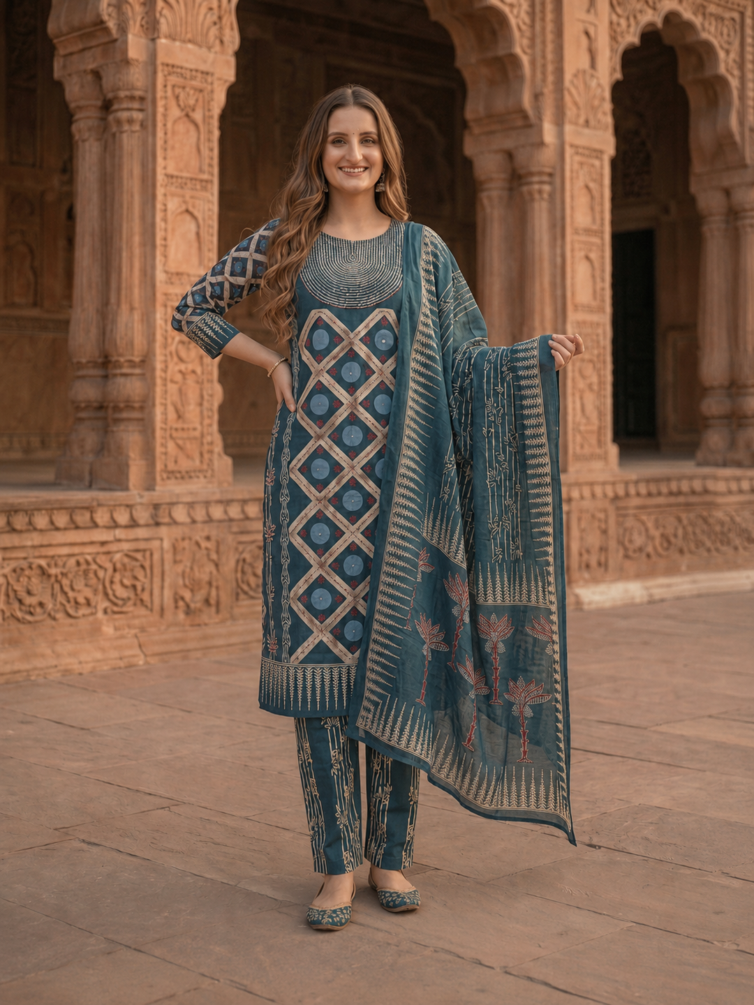 Floral Printed Sequin Work Kurta with Pant & Printed Dupatta - Indigo Blue