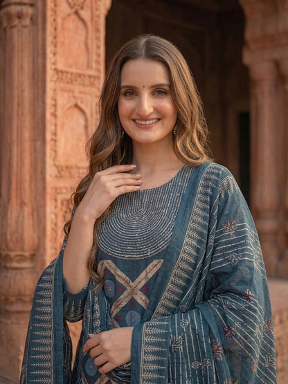 Floral Printed Sequin Work Kurta with Pant & Printed Dupatta - Indigo Blue