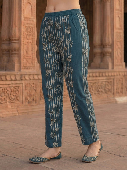 Floral Printed Sequin Work Kurta with Pant & Printed Dupatta - Indigo Blue
