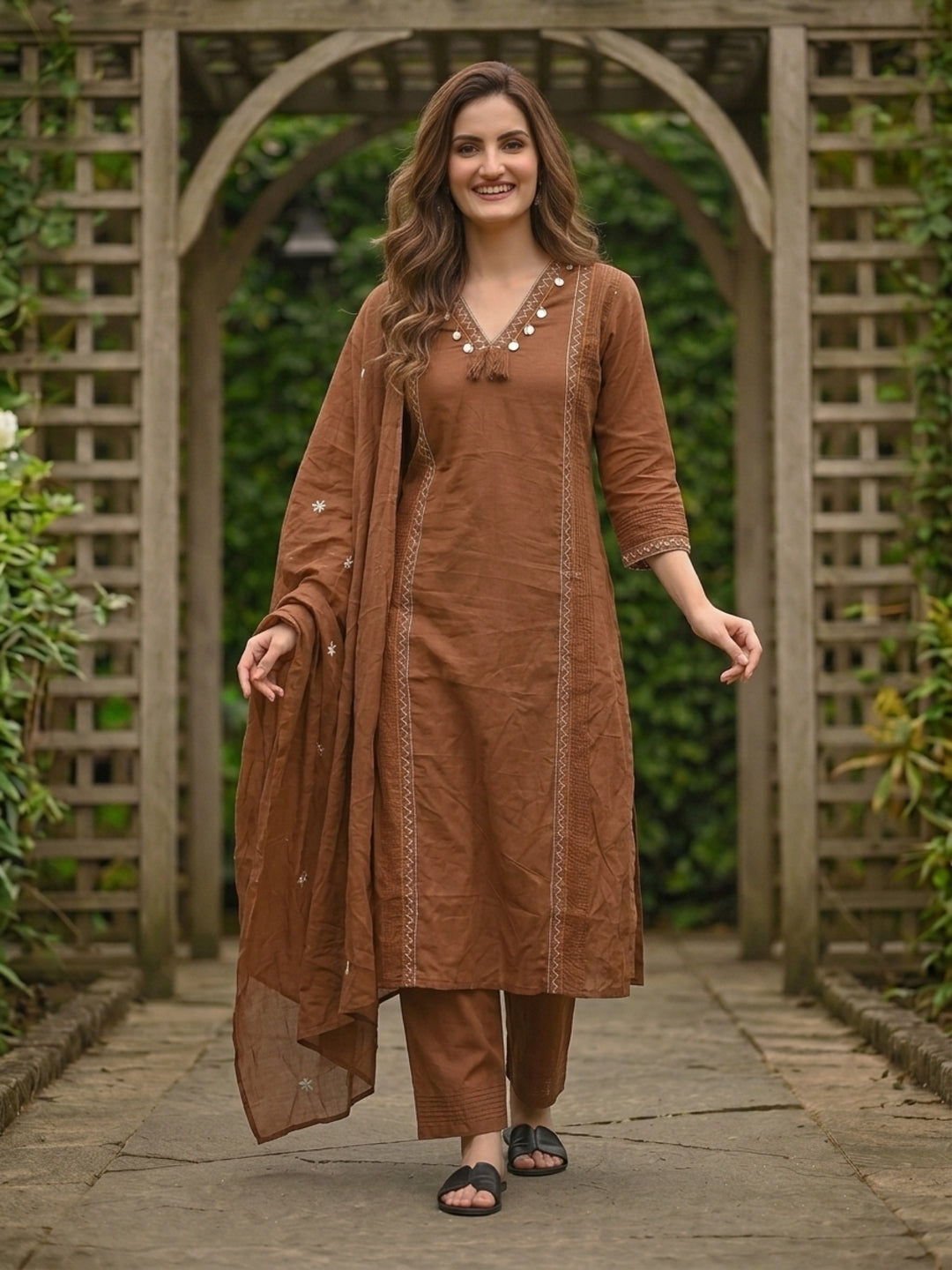 Solid Floral Embroidered A-Line Kurta with Pant and Dupatta - Brown