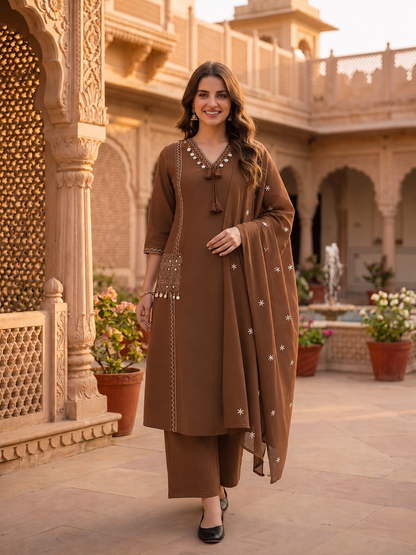 Solid Floral Embroidered A-Line Kurta with Pant and Dupatta - Brown