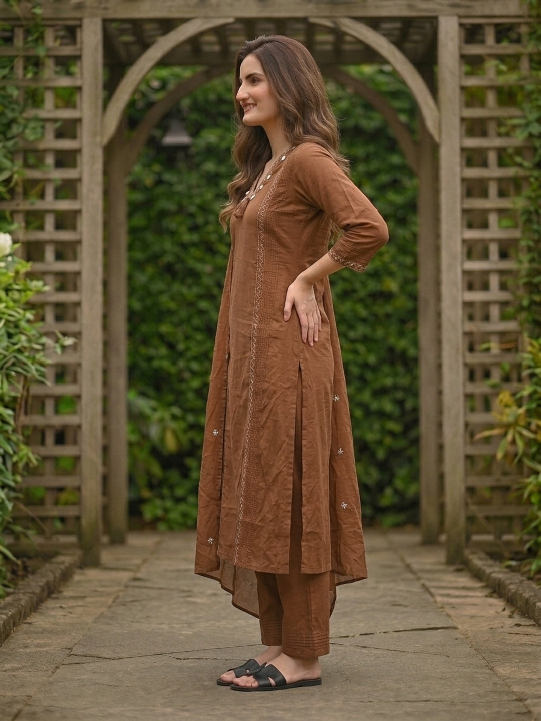 Solid Floral Embroidered A-Line Kurta with Pant and Dupatta - Brown