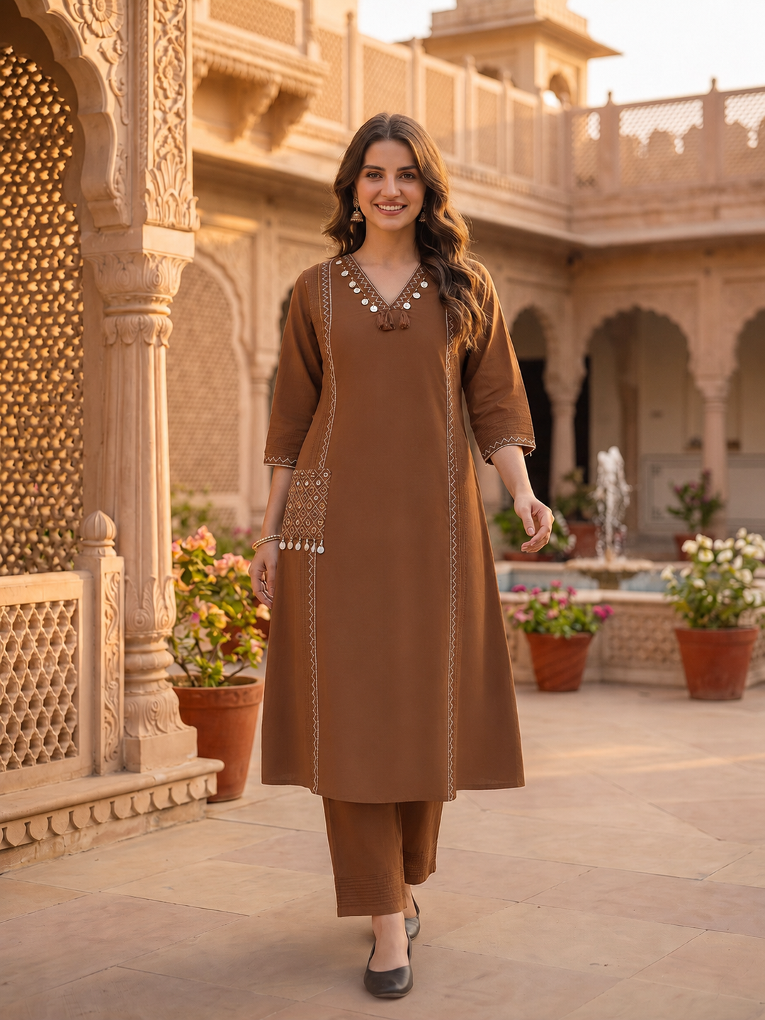 Solid Floral Embroidered A-Line Kurta with Pant and Dupatta - Brown