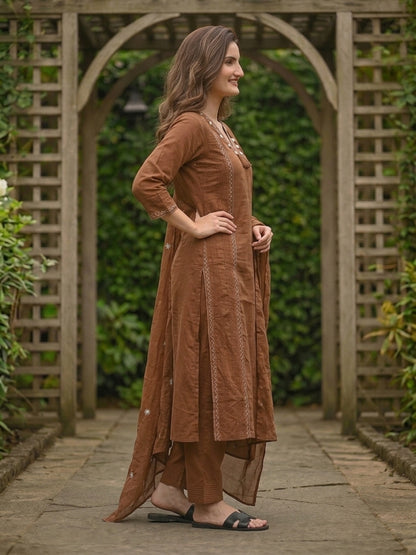 Solid Floral Embroidered A-Line Kurta with Pant and Dupatta - Brown