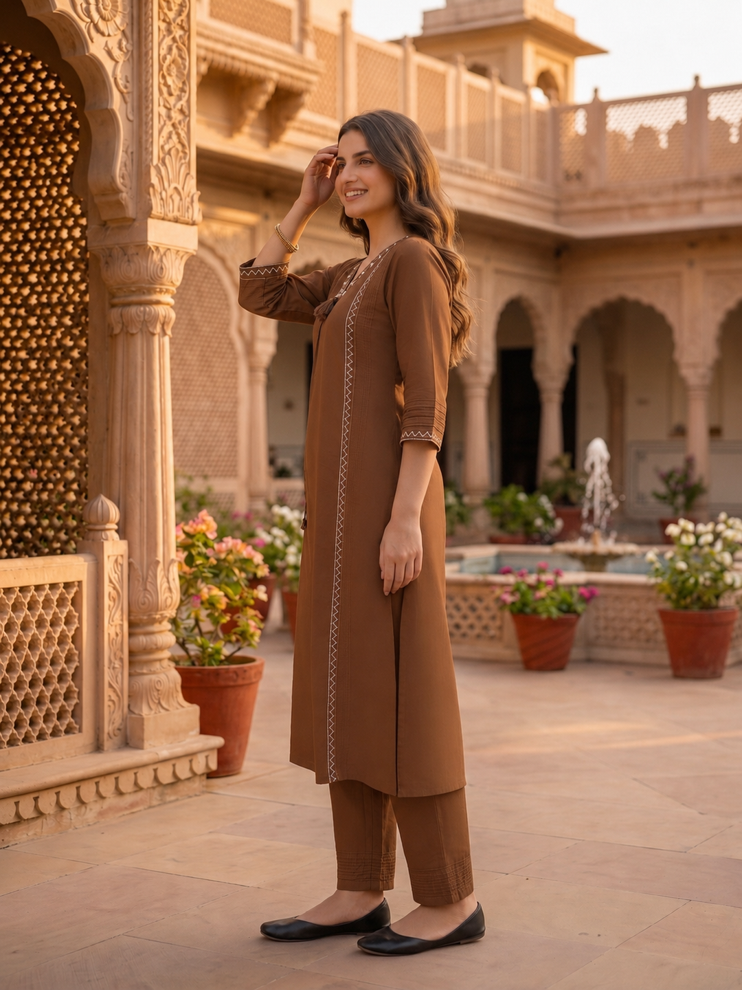 Solid Floral Embroidered A-Line Kurta with Pant and Dupatta - Brown