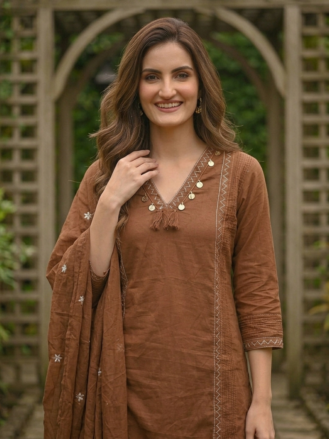 Solid Floral Embroidered A-Line Kurta with Pant and Dupatta - Brown