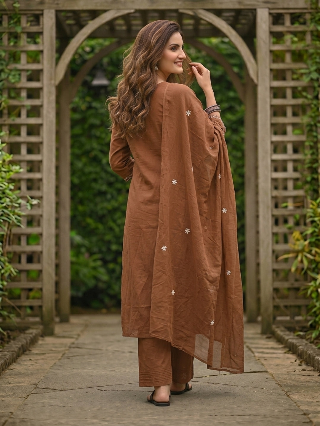 Solid Floral Embroidered A-Line Kurta with Pant and Dupatta - Brown