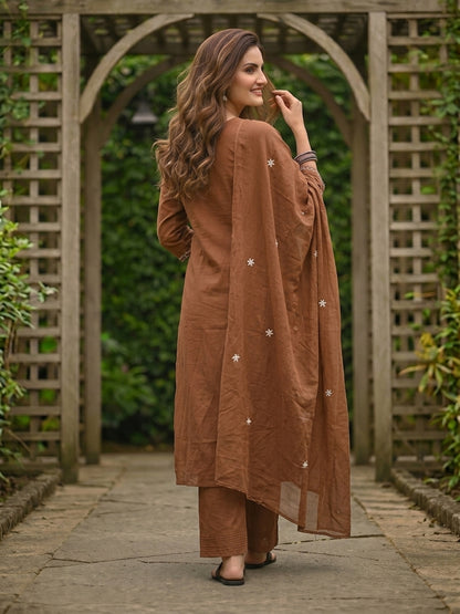 Solid Floral Embroidered A-Line Kurta with Pant and Dupatta - Brown