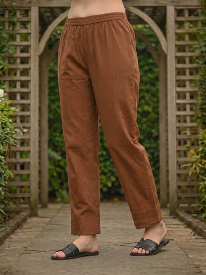 Solid Floral Embroidered A-Line Kurta with Pant and Dupatta - Brown