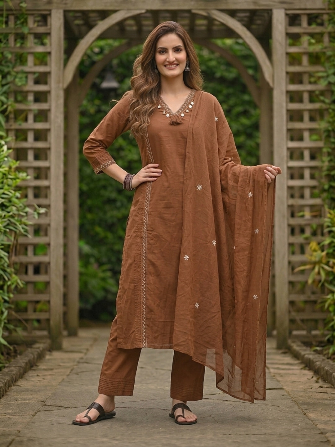 Solid Floral Embroidered A-Line Kurta with Pant and Dupatta - Brown