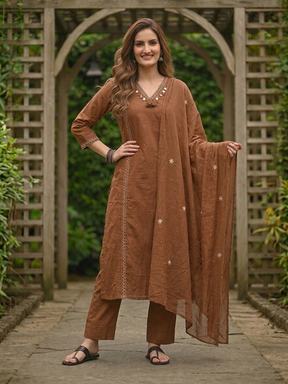 Solid Floral Embroidered A-Line Kurta with Pant and Dupatta - Brown