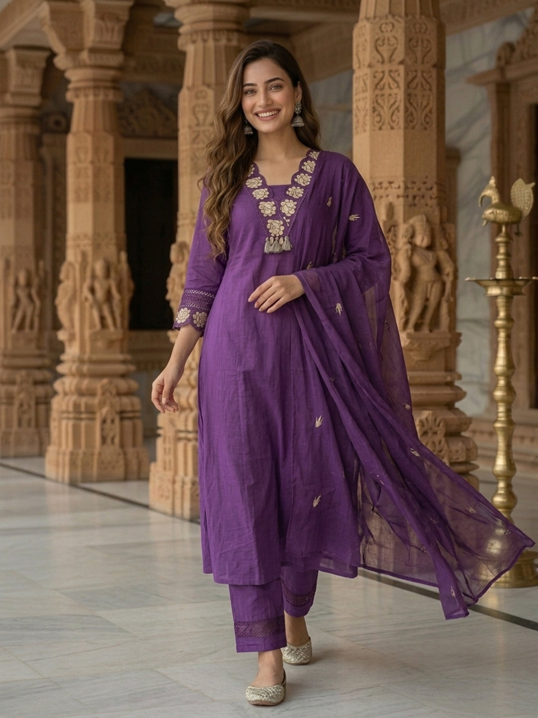 Solid Floral Zari Embroidered Straight Kurta with Palazzo & Dupatta - Violet