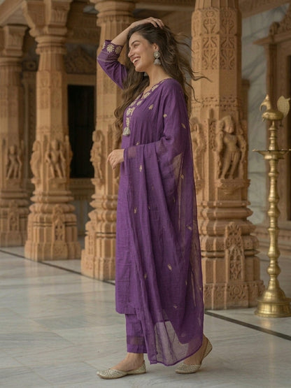 Solid Floral Zari Embroidered Straight Kurta with Palazzo & Dupatta - Violet