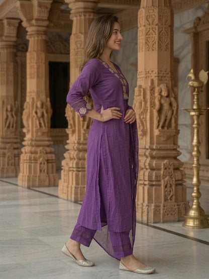 Solid Floral Zari Embroidered Straight Kurta with Palazzo & Dupatta - Violet