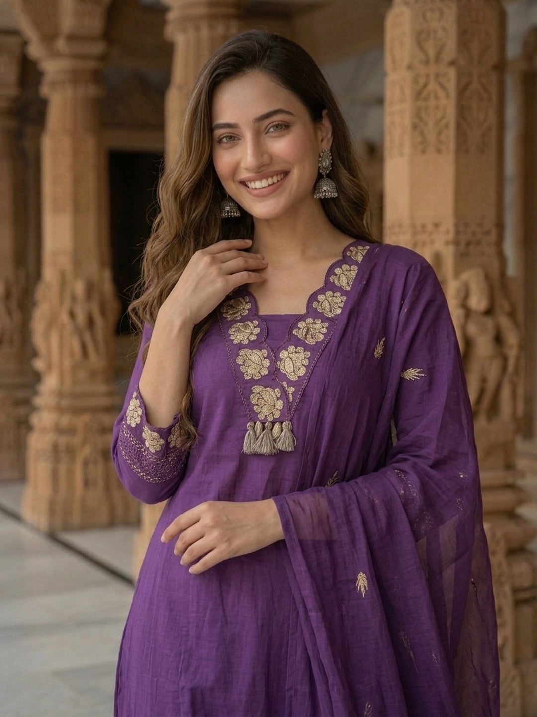 Solid Floral Zari Embroidered Straight Kurta with Palazzo & Dupatta - Violet