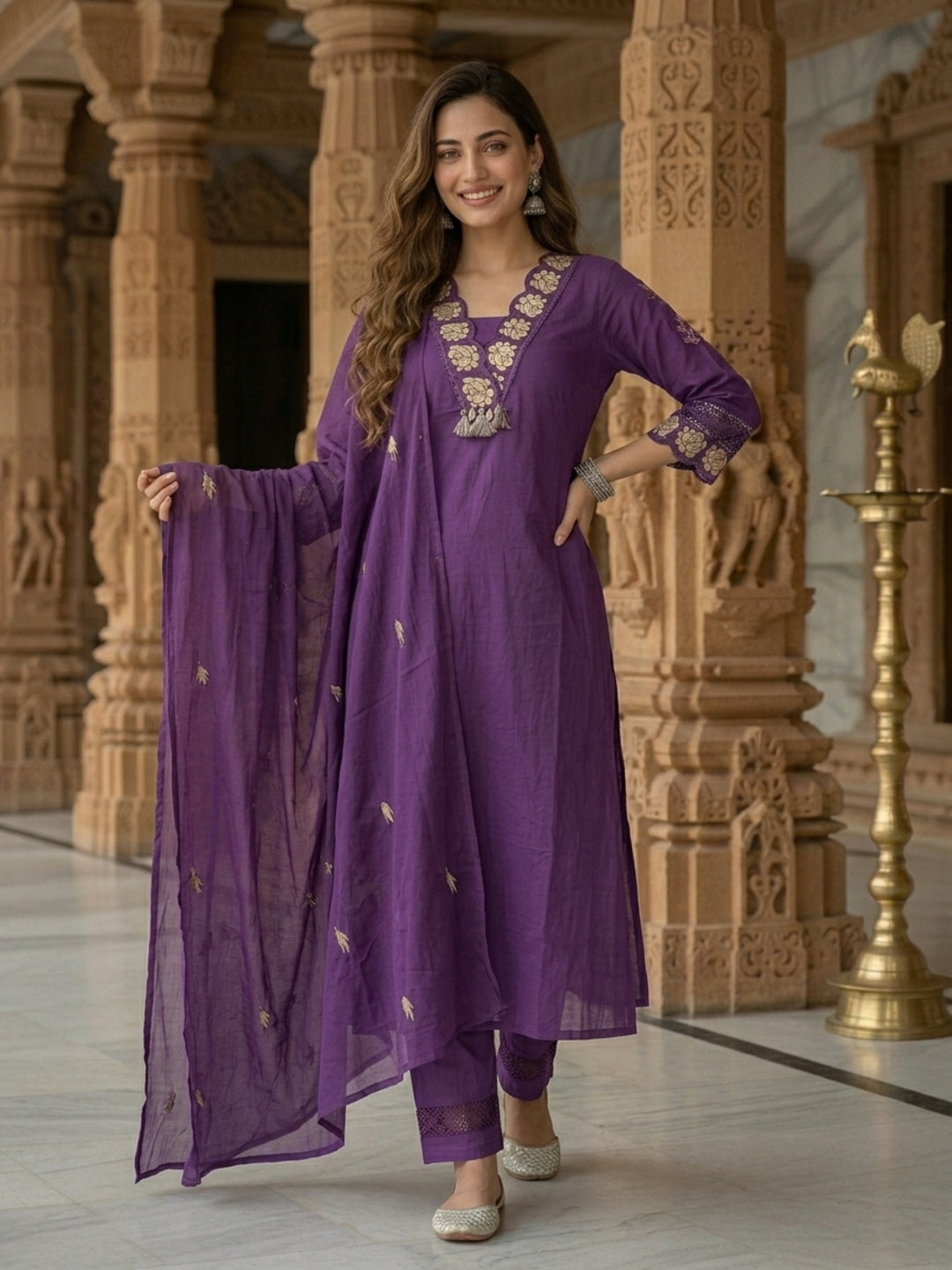 Solid Floral Zari Embroidered Straight Kurta with Palazzo & Dupatta - Violet