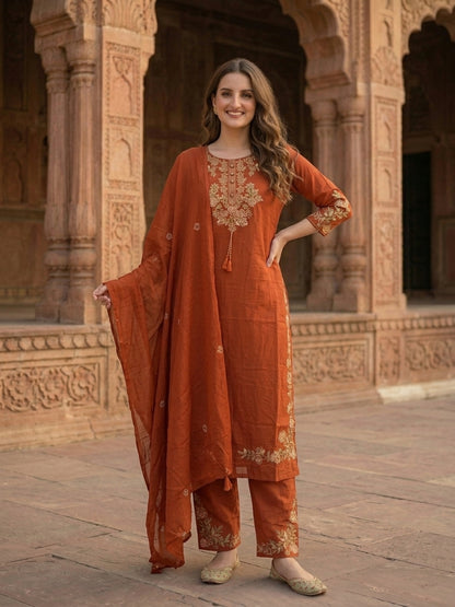 Solid Floral Embroidered Straight Kurta with Pant and Dupatta - Rust