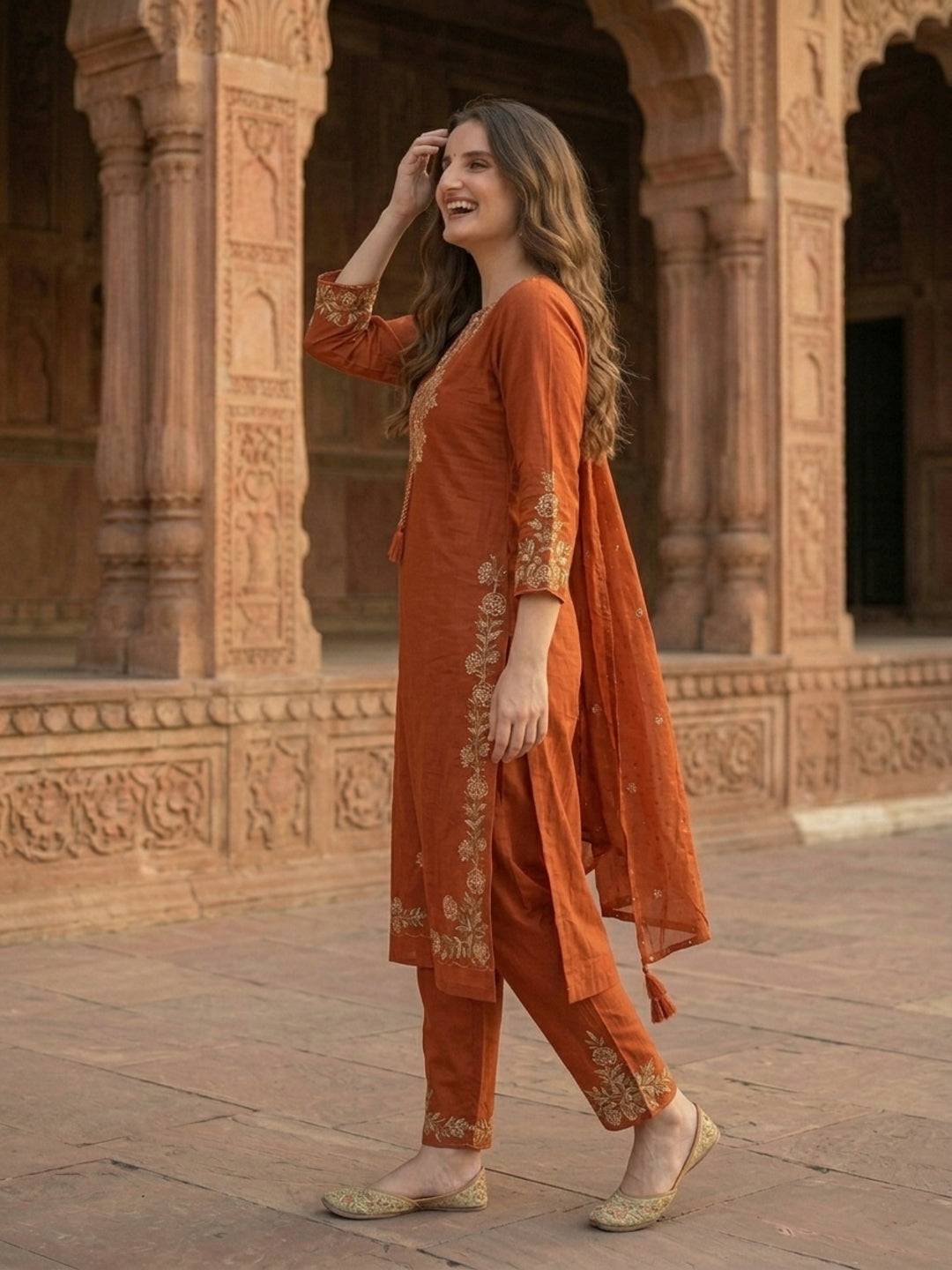 Solid Floral Embroidered Straight Kurta with Pant and Dupatta - Rust