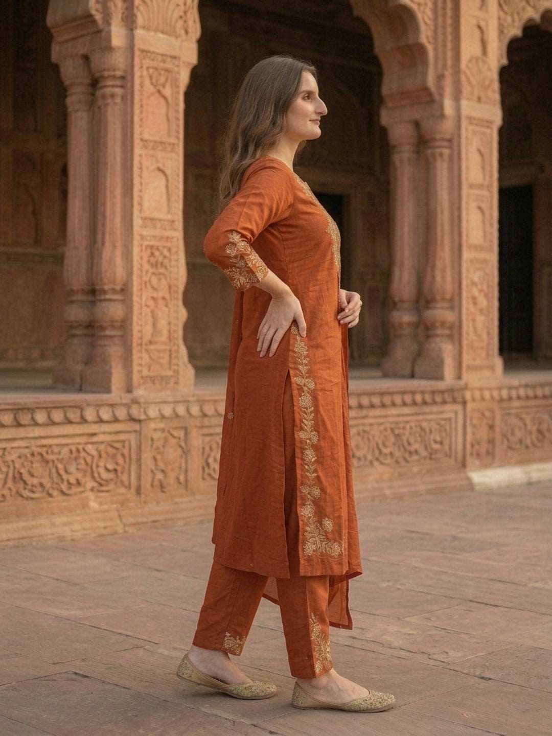 Solid Floral Embroidered Straight Kurta with Pant and Dupatta - Rust