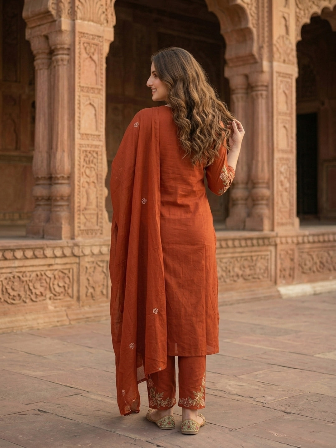 Solid Floral Embroidered Straight Kurta with Pant and Dupatta - Rust