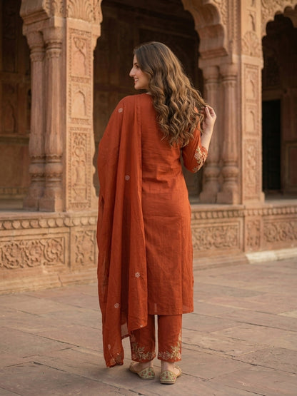 Solid Floral Embroidered Straight Kurta with Pant and Dupatta - Rust