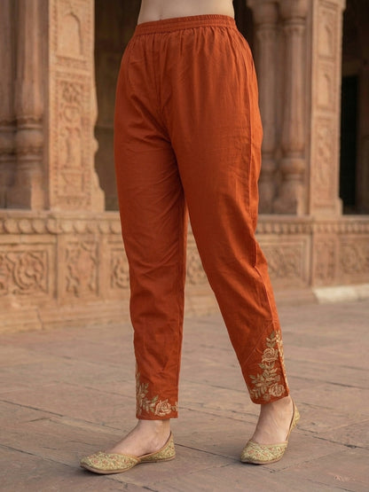 Solid Floral Embroidered Straight Kurta with Pant and Dupatta - Rust