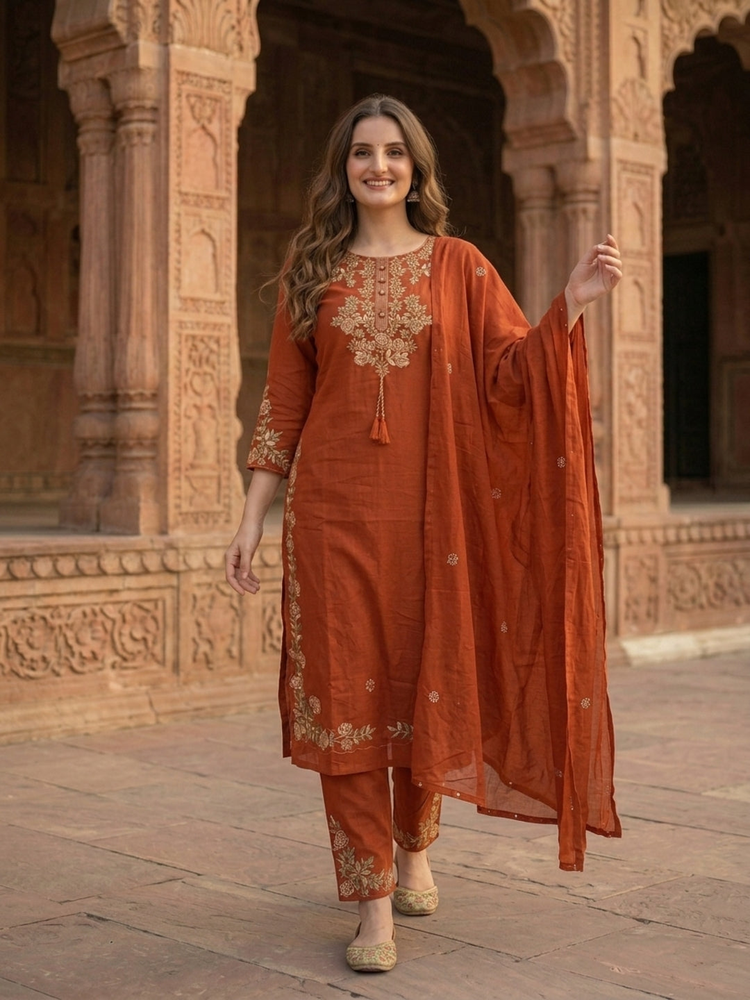Solid Floral Embroidered Straight Kurta with Pant and Dupatta - Rust