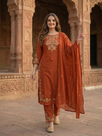 Solid Floral Embroidered Straight Kurta with Pant and Dupatta - Rust