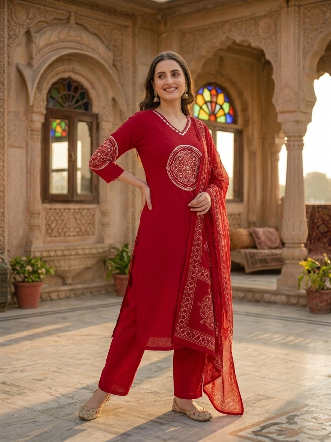 Bandhani Printed Mirror Work Straight Kurta with Pant & Dupatta - Maroon