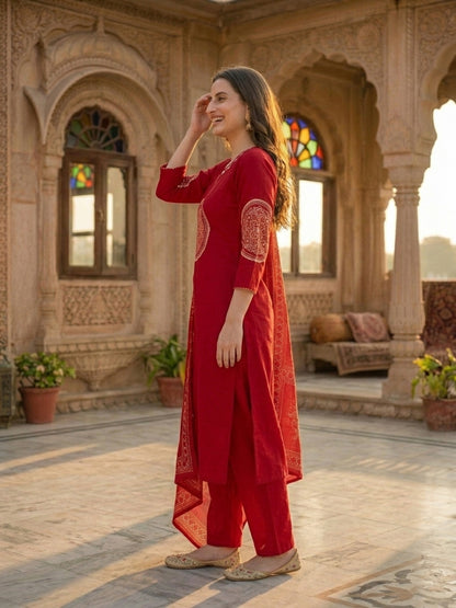 Bandhani Printed Mirror Work Straight Kurta with Pant & Dupatta - Maroon