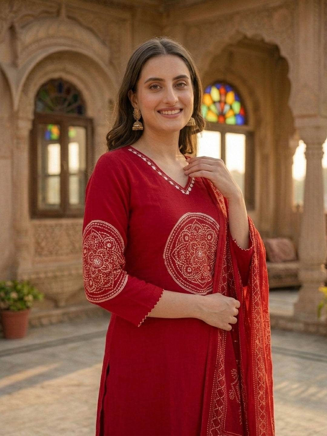 Bandhani Printed Mirror Work Straight Kurta with Pant & Dupatta - Maroon