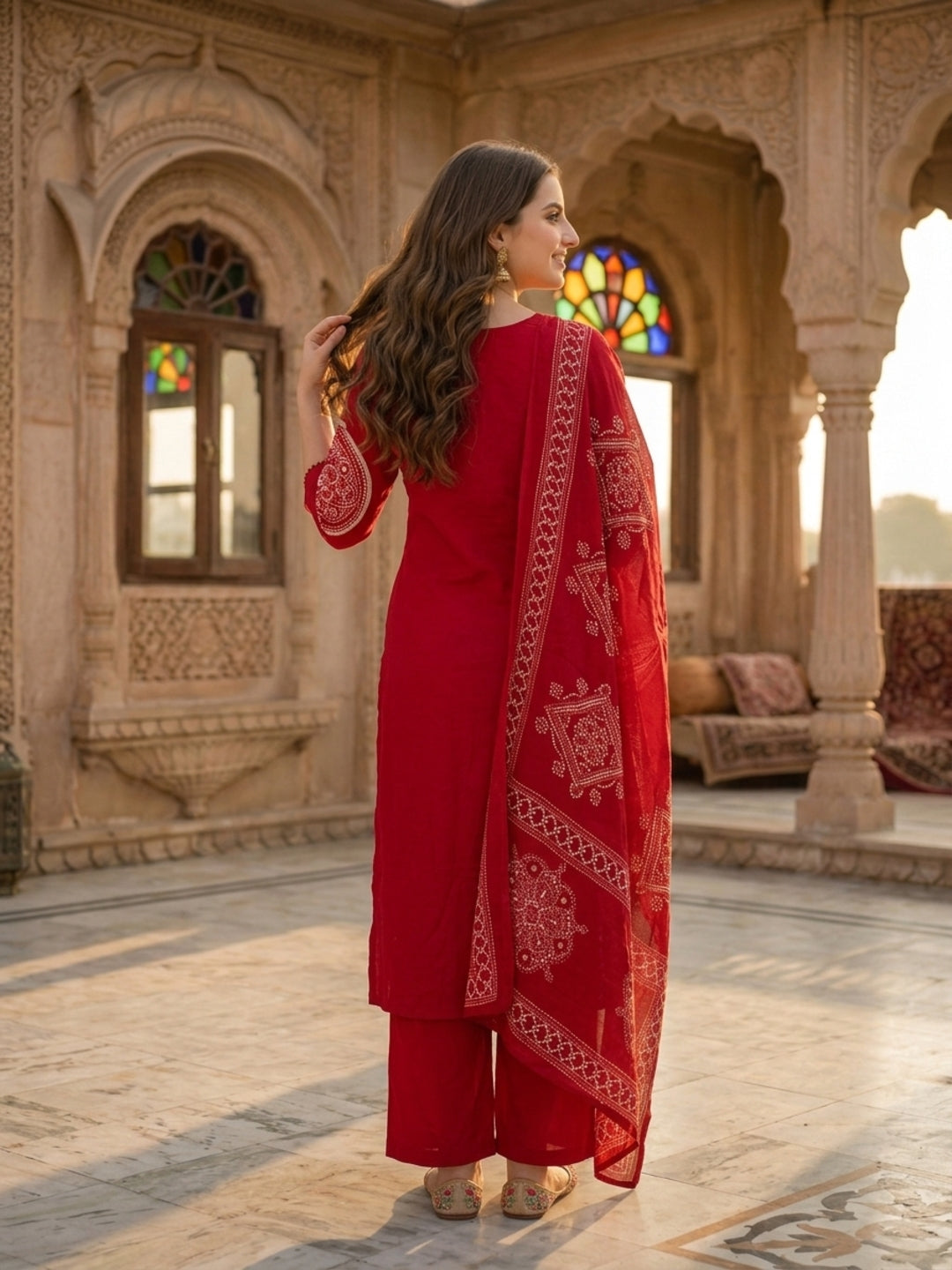 Bandhani Printed Mirror Work Straight Kurta with Pant & Dupatta - Maroon