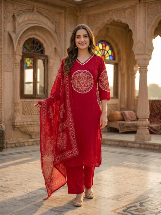 Bandhani Printed Mirror Work Straight Kurta with Pant & Dupatta - Maroon