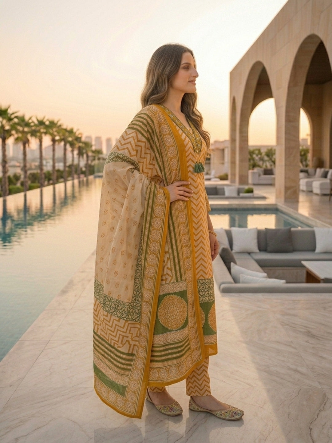 Ethnic Chevron Printed Embroidered Straight Kurta with Palazzo and Dupatta - Mustard