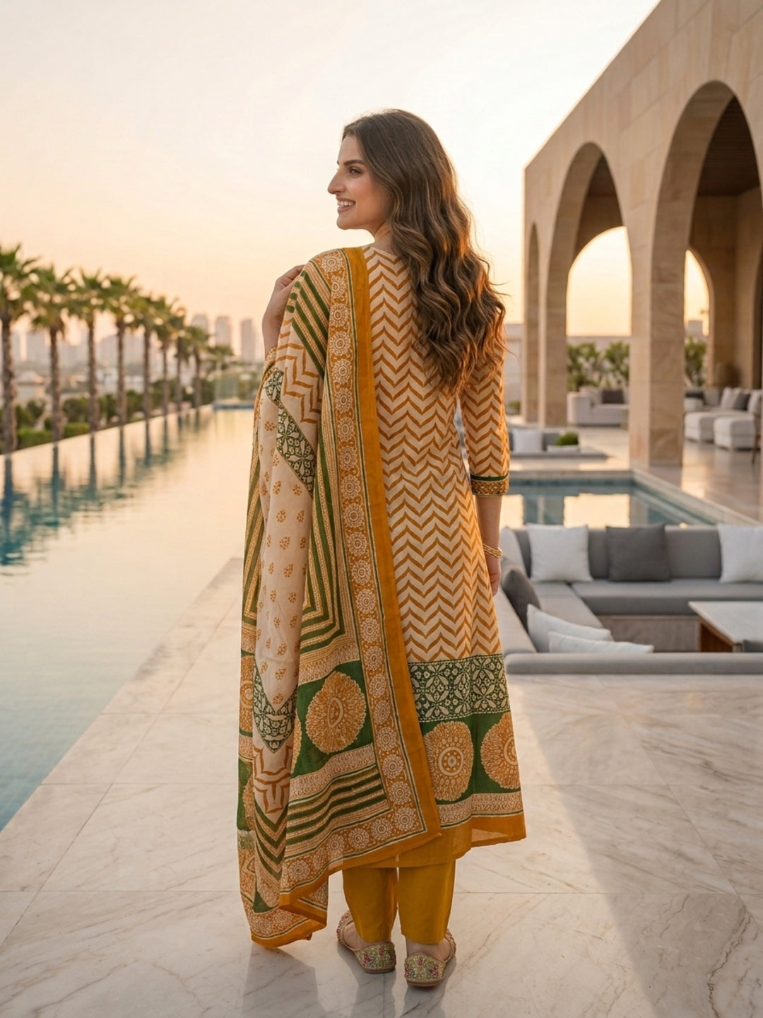 Ethnic Chevron Printed Embroidered Straight Kurta with Palazzo and Dupatta - Mustard