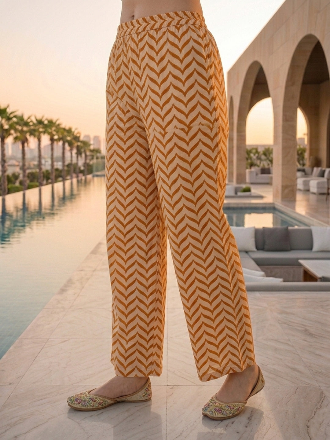 Ethnic Chevron Printed Embroidered Straight Kurta with Palazzo and Dupatta - Mustard