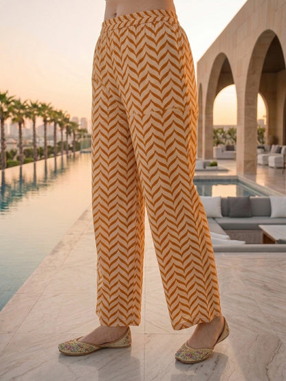 Ethnic Chevron Printed Embroidered Straight Kurta with Palazzo and Dupatta - Mustard