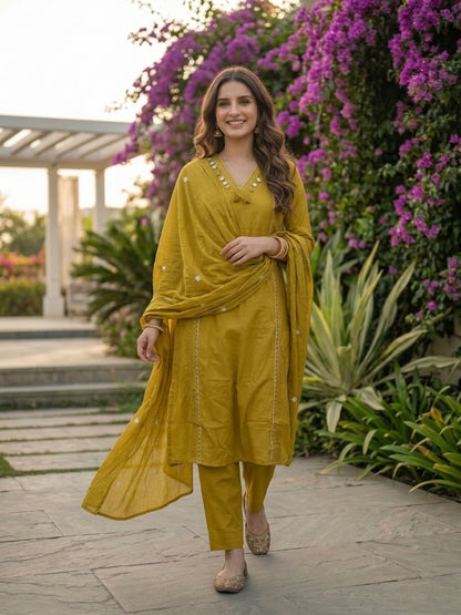 Solid Floral Embroidered A-Line Kurta with Pant and Dupatta - Green