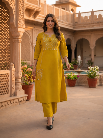 Solid Floral Embroidered A-Line Kurta with Pant and Dupatta - Mustard Yellow
